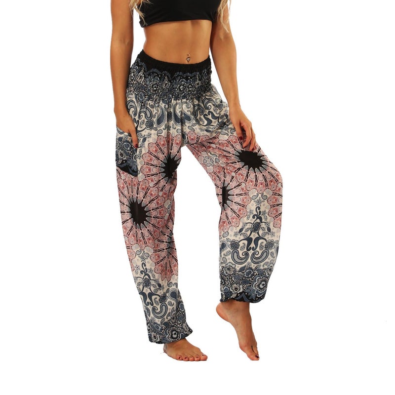 Lu's Chic Women's Boho Pants Harem Smocked Waist Yoga Hippie Palazzo Summer Beach Pants Pattern10 One Size - Image 3